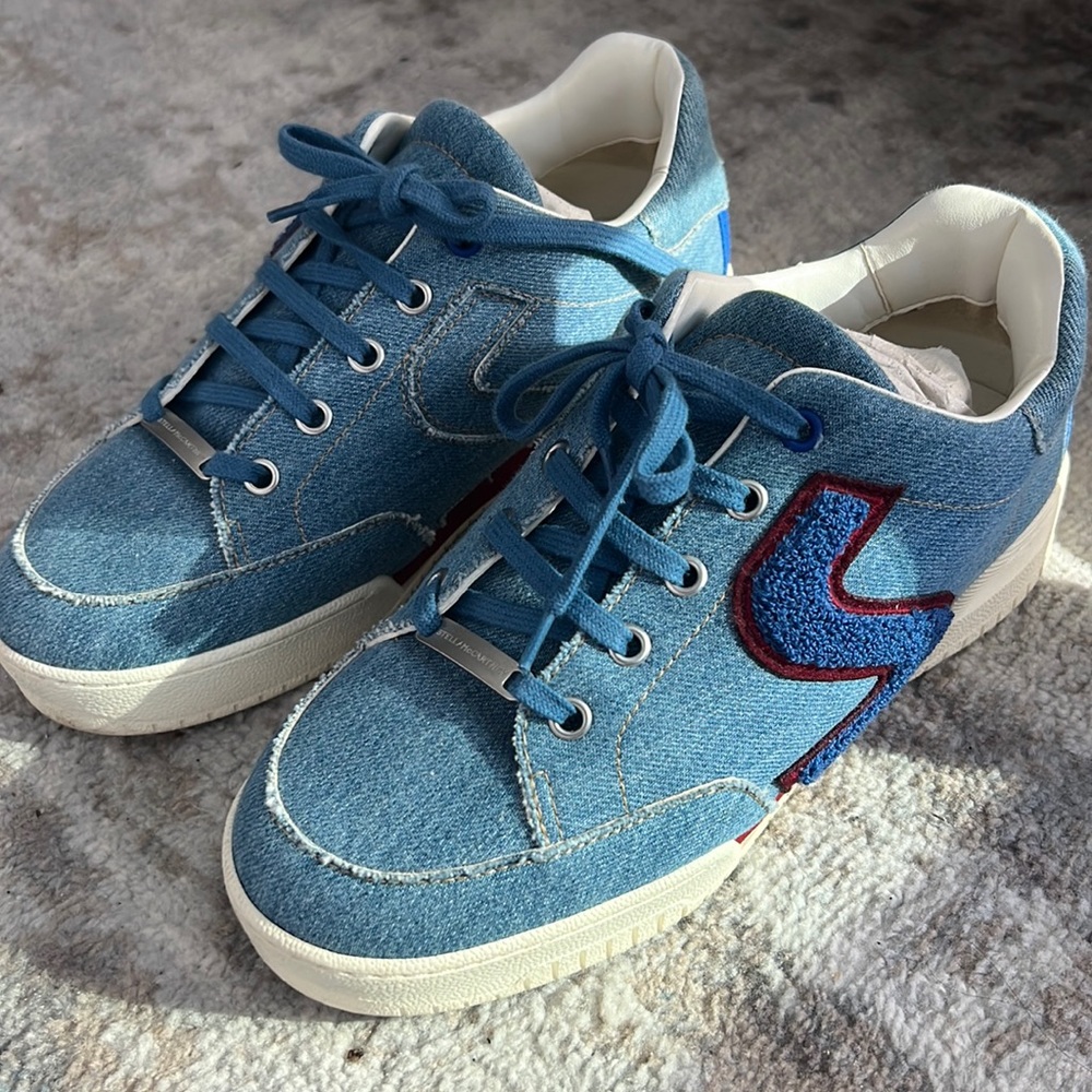 Stella McCartney Embroidered Blue Denim Logo Platform Sneakers